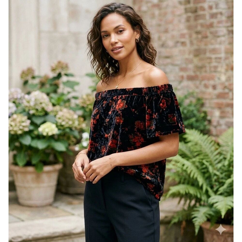 LOFT Ann Taylor Top Womens S Velvet Off Shoulder Floral dark romantic whimsigoth
